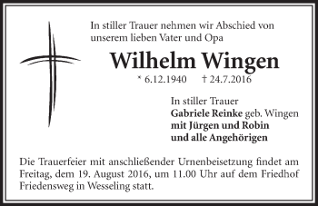 Anzeige von Wilhelm Wingen von  Schlossbote/Werbekurier 