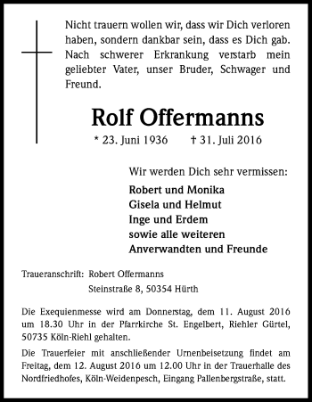 Anzeige von Rolf Offermanns von Kölner Stadt-Anzeiger / Kölnische Rundschau / Express