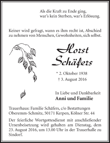 Anzeige von Horst Schäfers von  Sonntags-Post 