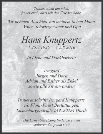 Anzeige von Hans Knuppertz von  Wochenende 