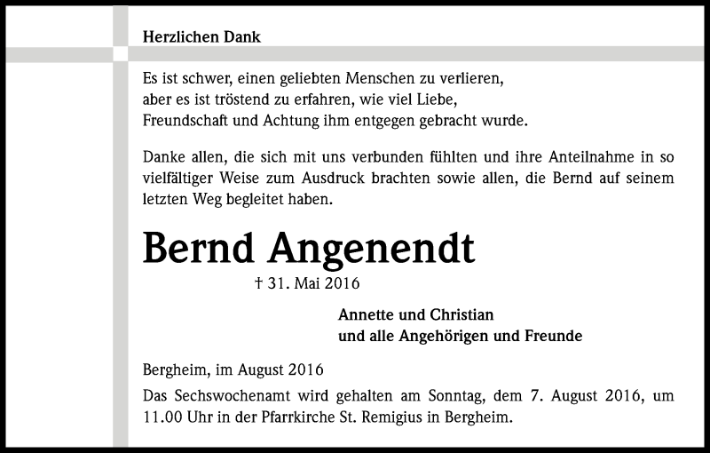  Traueranzeige für Bernd Angenendt vom 06.08.2016 aus Kölner Stadt-Anzeiger / Kölnische Rundschau / Express