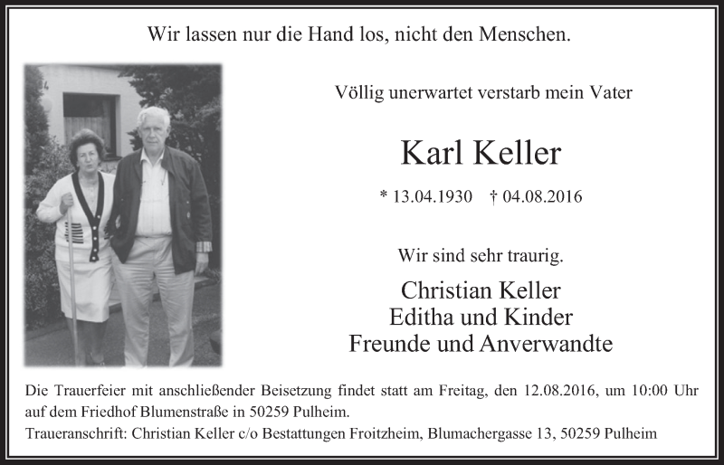  Traueranzeige für Karl Keller vom 10.08.2016 aus  Wochenende 