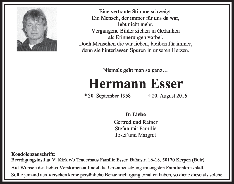  Traueranzeige für Hermann Esser vom 27.08.2016 aus  Sonntags-Post 