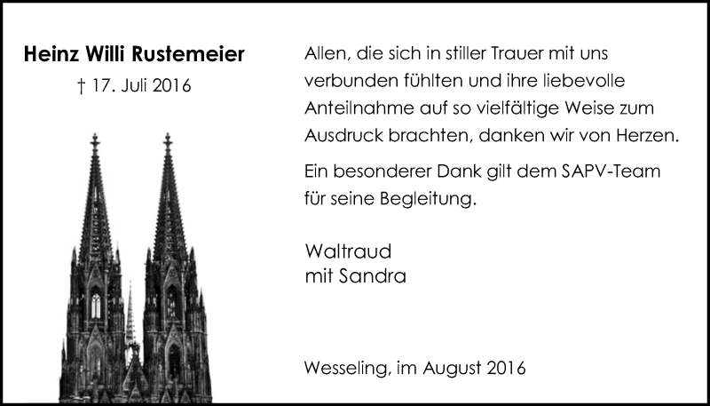  Traueranzeige für Heinz Willi Rustemeier vom 24.08.2016 aus  Schlossbote/Werbekurier 
