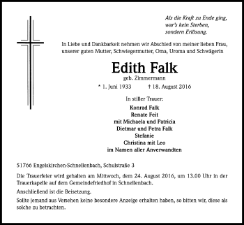Anzeige von Edith Falk von Kölner Stadt-Anzeiger / Kölnische Rundschau / Express