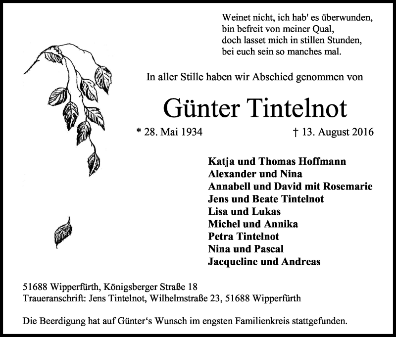  Traueranzeige für Günter Tintelnot vom 27.08.2016 aus Kölner Stadt-Anzeiger / Kölnische Rundschau / Express