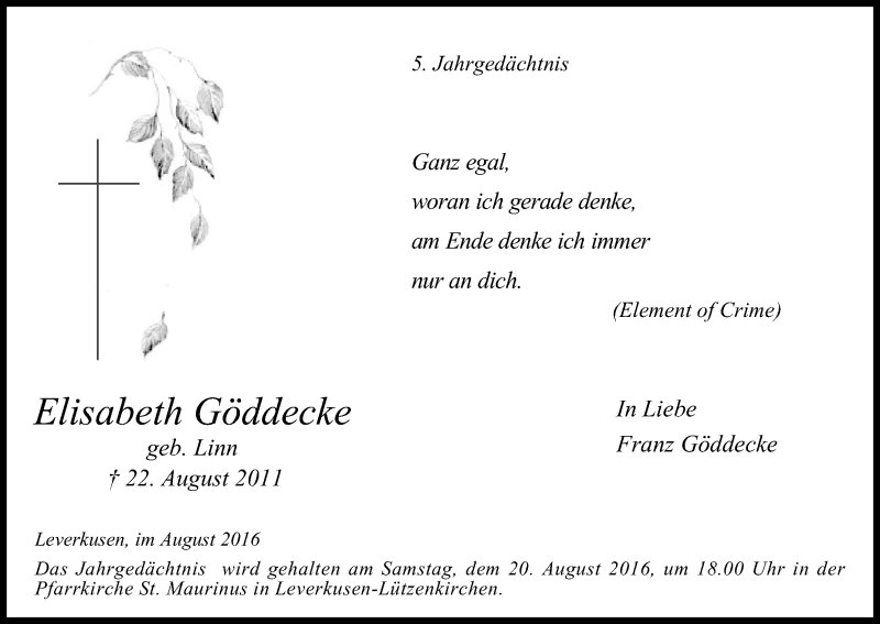  Traueranzeige für Elisabeth Göddecke vom 20.08.2016 aus Kölner Stadt-Anzeiger / Kölnische Rundschau / Express
