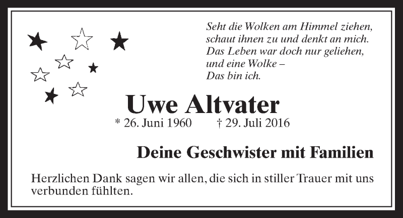  Traueranzeige für Uwe Altvater vom 24.08.2016 aus  Werbepost 