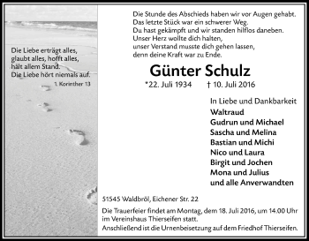 Anzeige von Günter Schulz von Kölner Stadt-Anzeiger / Kölnische Rundschau / Express