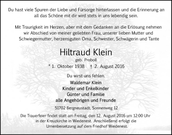 Anzeige von Hiltraud Klein von  Anzeigen Echo 