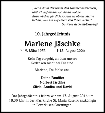 Anzeige von Marlene Jäschke von Kölner Stadt-Anzeiger / Kölnische Rundschau / Express