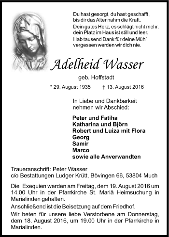 Anzeige von Adelheid Wasser von Kölner Stadt-Anzeiger / Kölnische Rundschau / Express