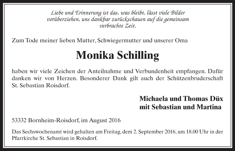  Traueranzeige für Monika Schilling vom 24.08.2016 aus  Schaufenster/Blickpunkt 