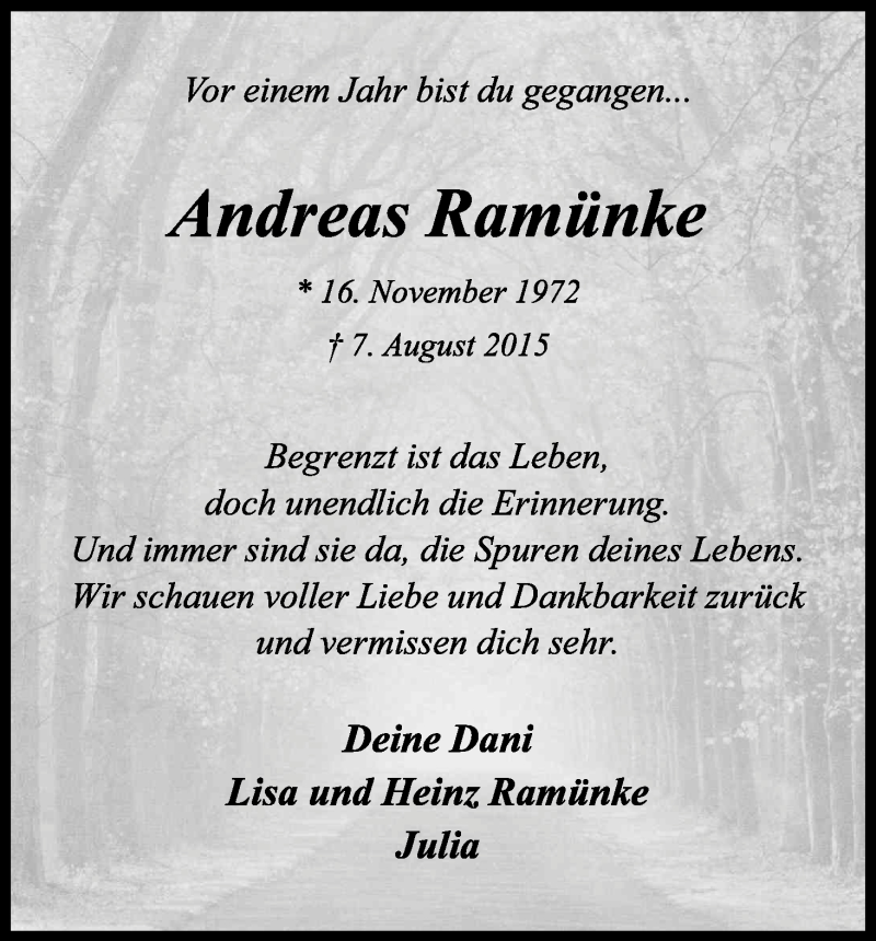  Traueranzeige für Andreas Ramünke vom 06.08.2016 aus Kölner Stadt-Anzeiger / Kölnische Rundschau / Express