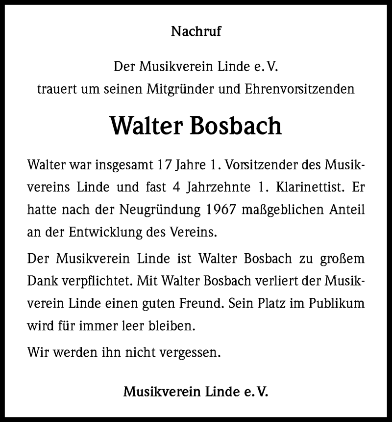  Traueranzeige für Walter Bosbach vom 11.08.2016 aus Kölner Stadt-Anzeiger / Kölnische Rundschau / Express