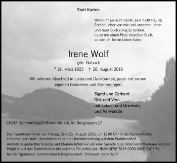 Anzeige von Irene Wolf von Kölner Stadt-Anzeiger / Kölnische Rundschau / Express