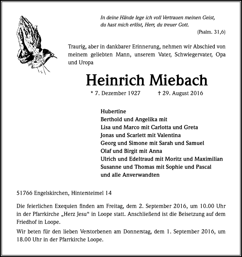  Traueranzeige für Heinrich Miebach vom 31.08.2016 aus Kölner Stadt-Anzeiger / Kölnische Rundschau / Express