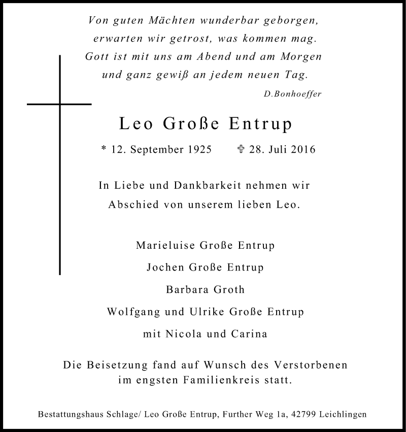  Traueranzeige für Leo  Große Entrup vom 06.08.2016 aus Kölner Stadt-Anzeiger / Kölnische Rundschau / Express