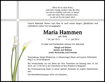 Anzeige von Maria Hammen von Kölner Stadt-Anzeiger / Kölnische Rundschau / Express