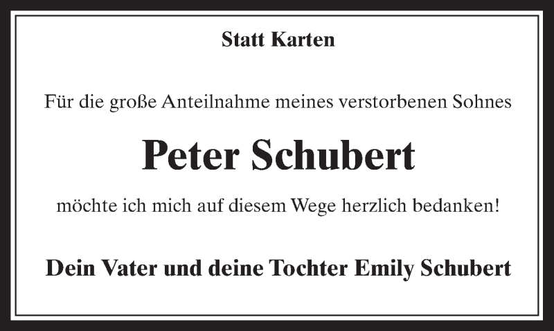  Traueranzeige für Peter Schubert vom 31.08.2016 aus  Werbepost 