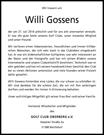 Anzeige von Willi Gossens von Kölner Stadt-Anzeiger / Kölnische Rundschau / Express