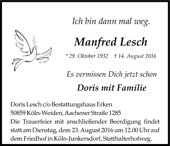 Anzeige von Manfred Lesch von Kölner Stadt-Anzeiger / Kölnische Rundschau / Express