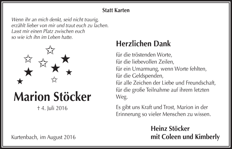  Traueranzeige für Marion Stöcker vom 24.08.2016 aus  Anzeigen Echo  Lokalanzeiger 