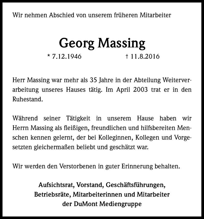  Traueranzeige für Georg Massing vom 17.08.2016 aus Kölner Stadt-Anzeiger / Kölnische Rundschau / Express