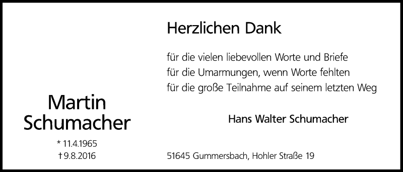  Traueranzeige für Martin Schumacher vom 31.08.2016 aus  Anzeigen Echo  Lokalanzeiger 