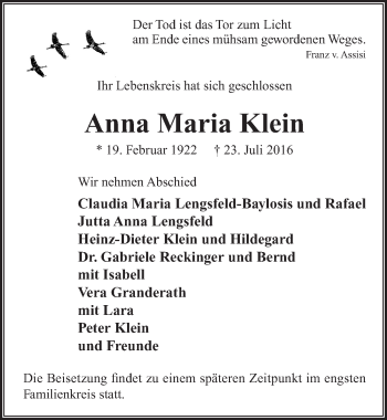 Anzeige von Anna Maria Klein von  Extra Blatt 