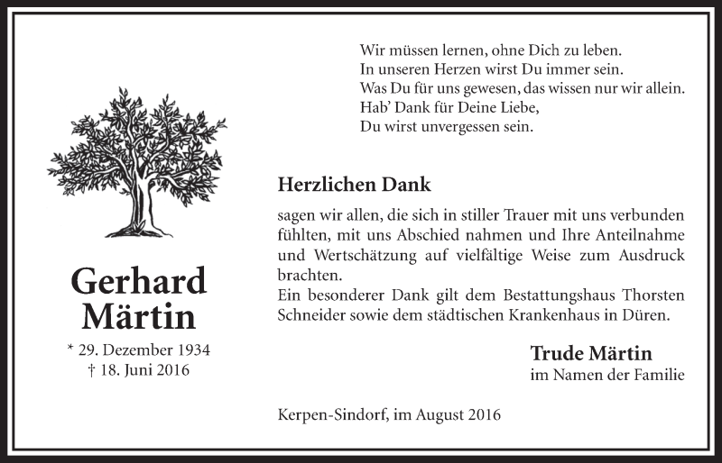  Traueranzeige für Gerhard Märtin vom 06.08.2016 aus  Sonntags-Post 