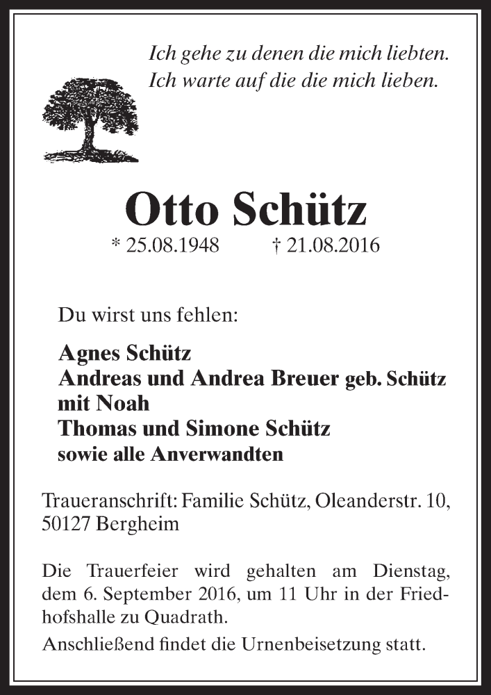  Traueranzeige für Otto Schütz vom 31.08.2016 aus  Werbepost 