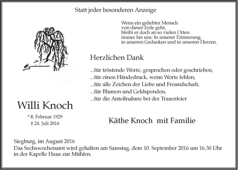  Traueranzeige für Willi Knoch vom 24.08.2016 aus  Extra Blatt 