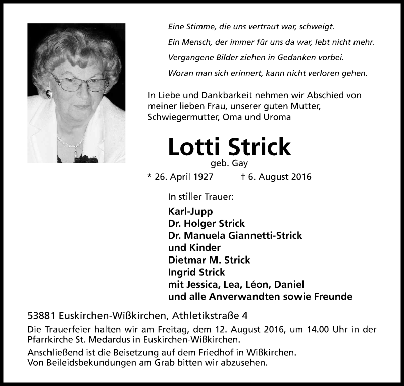  Traueranzeige für Lotti Strick vom 10.08.2016 aus Kölner Stadt-Anzeiger / Kölnische Rundschau / Express