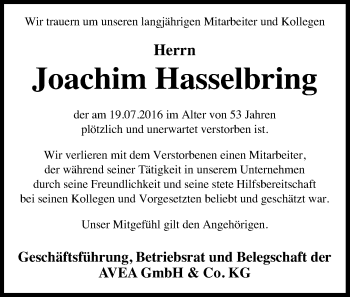 Anzeige von Joachim Hasselbring von Kölner Stadt-Anzeiger / Kölnische Rundschau / Express