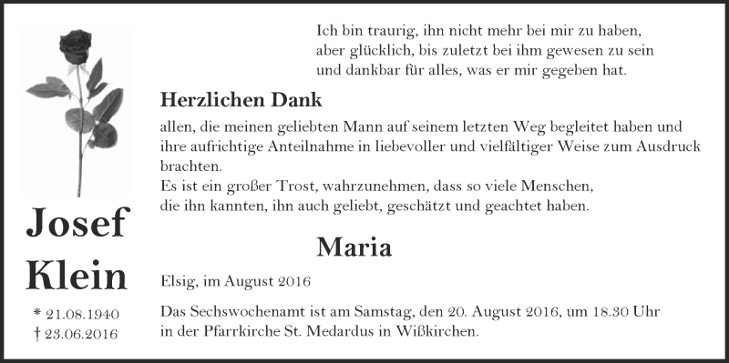  Traueranzeige für Josef Klein vom 13.08.2016 aus  Blickpunkt Euskirchen 