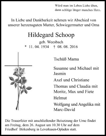 Anzeige von Hildegard Schoop von Kölner Stadt-Anzeiger / Kölnische Rundschau / Express