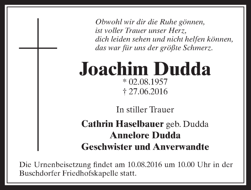 Traueranzeige für Joachim Dudda vom 03.08.2016 aus  Schaufenster/Blickpunkt 