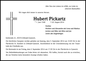 Anzeige von Hubert Pickartz von Kölner Stadt-Anzeiger / Kölnische Rundschau / Express