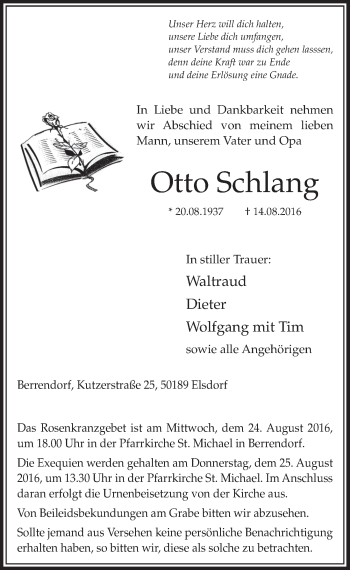 Anzeige von Otto Schlang von  Sonntags-Post 