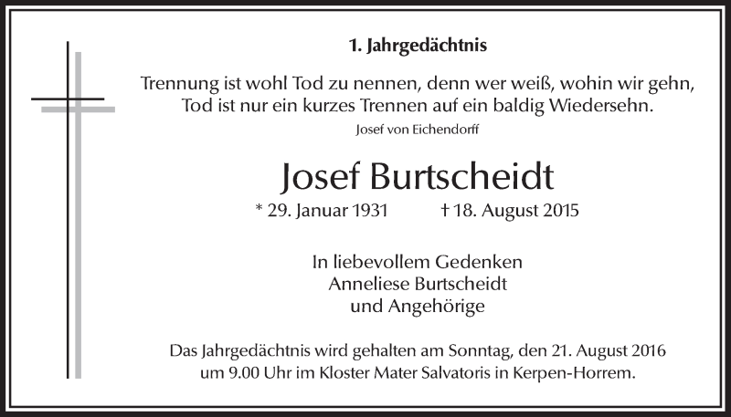  Traueranzeige für Josef Burtscheidt vom 17.08.2016 aus  Werbepost 