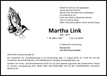 Anzeige von Martha Link von Kölner Stadt-Anzeiger / Kölnische Rundschau / Express