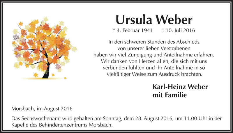  Traueranzeige für Ursula Weber vom 24.08.2016 aus  Lokalanzeiger 