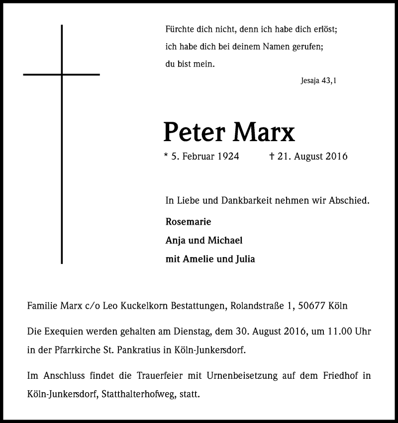  Traueranzeige für Peter Marx vom 27.08.2016 aus Kölner Stadt-Anzeiger / Kölnische Rundschau / Express