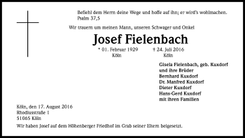 Anzeige von Josef Fielenbach von Kölner Stadt-Anzeiger / Kölnische Rundschau / Express