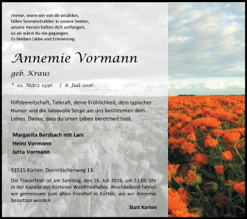 Anzeige von Annemie Vormann von Kölner Stadt-Anzeiger / Kölnische Rundschau / Express