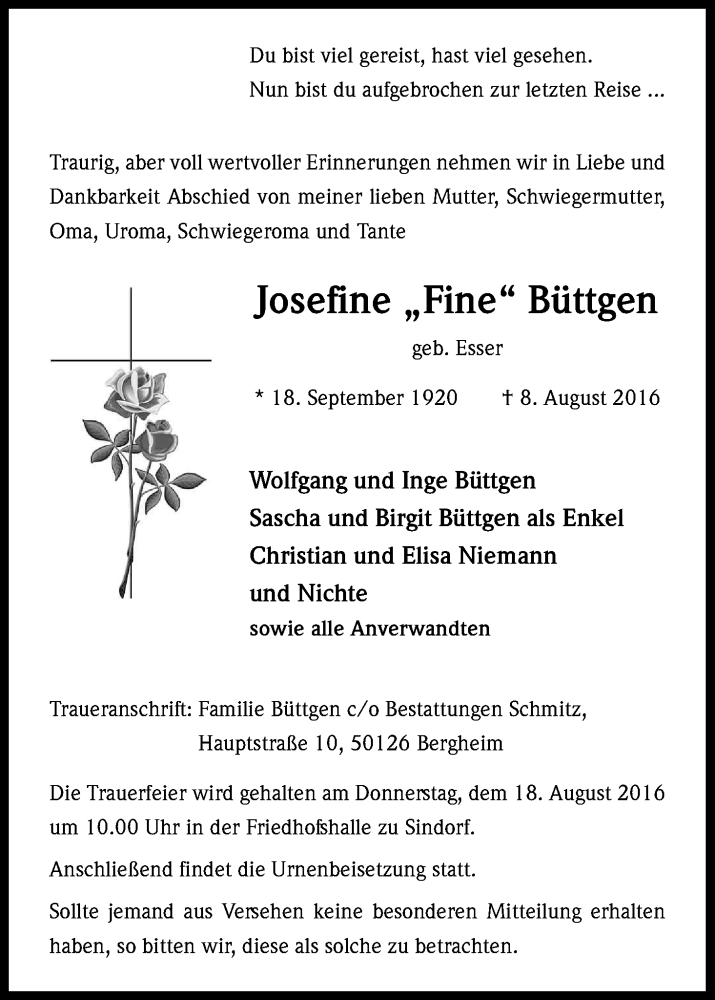  Traueranzeige für Josefine Büttgen vom 13.08.2016 aus Kölner Stadt-Anzeiger / Kölnische Rundschau / Express