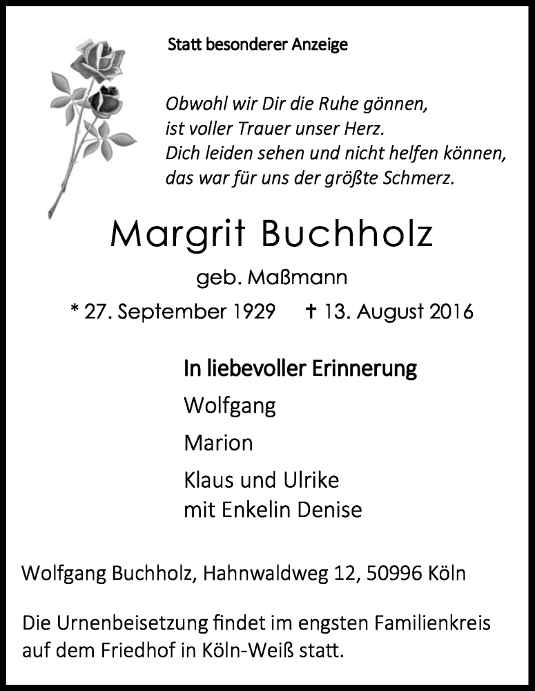  Traueranzeige für Margrit Buchholz vom 24.08.2016 aus Kölner Stadt-Anzeiger / Kölnische Rundschau / Express