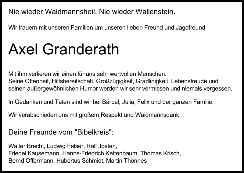  Traueranzeige für Axel Granderath vom 27.08.2016 aus Kölner Stadt-Anzeiger / Kölnische Rundschau / Express