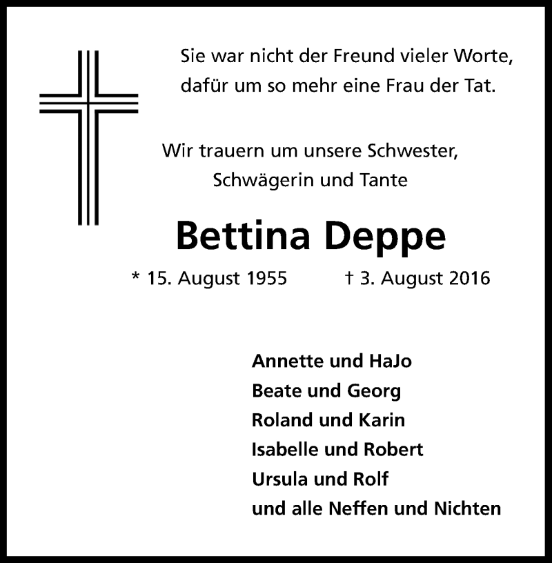  Traueranzeige für Bettina Deppe vom 10.08.2016 aus Kölner Stadt-Anzeiger / Kölnische Rundschau / Express